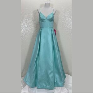 B. Darlin Aqua Teal Satin Maxi Gown Dress Size 11/12 Formal Prom
